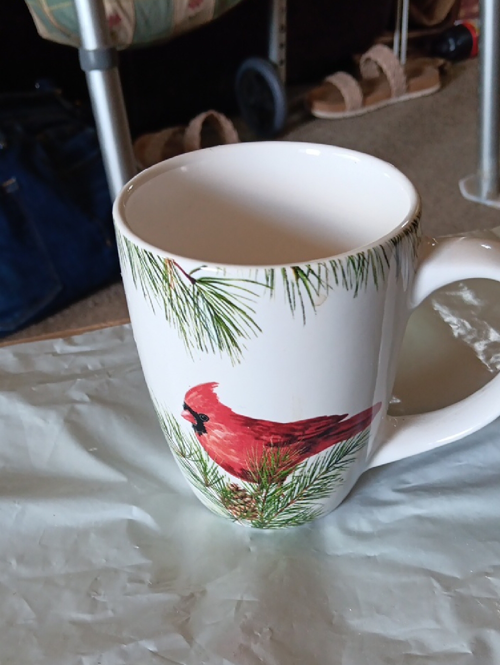 White Ceramic Mug with Red Cardinal and Green Pine Design